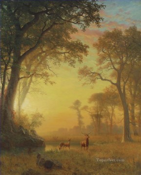 Animal Painting - LIGHT IN THE FOREST American Albert Bierstadt deer animal